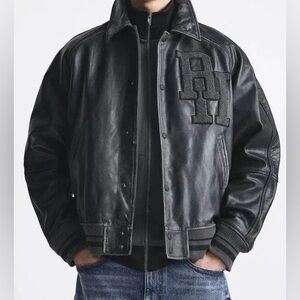 Zara Rhuigi Black Leather Vintage Varsity Bomber Coat Size M